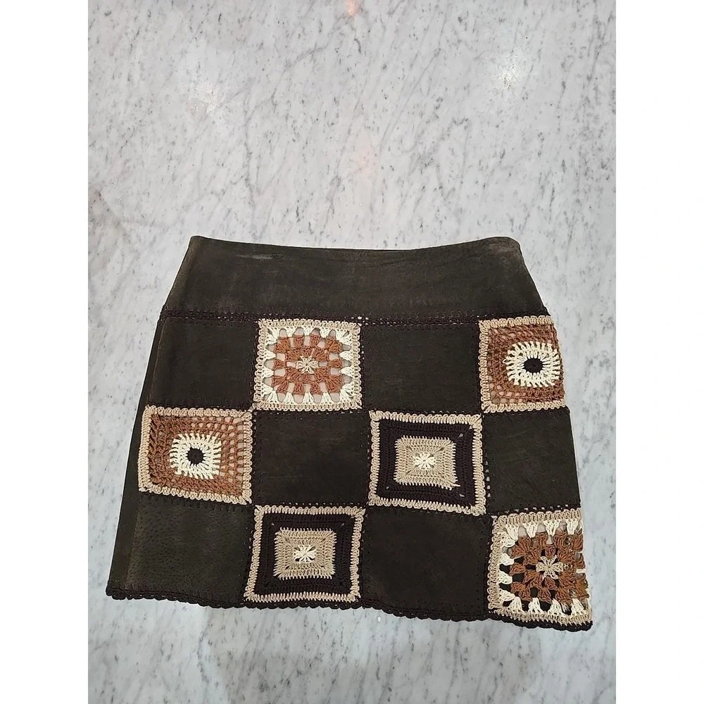 Genuine leather‎ crochet mini skirt brown Sz7 lining side zipper